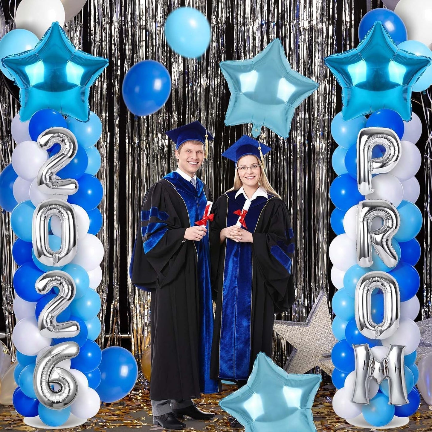 2 Sets Graduation Balloon Column Stand Kits with Balloons 2026 Grad Themed Decoration Navy Blue Balloon Tower Stand Kit for Grad High School & College Celebration Party Decor
