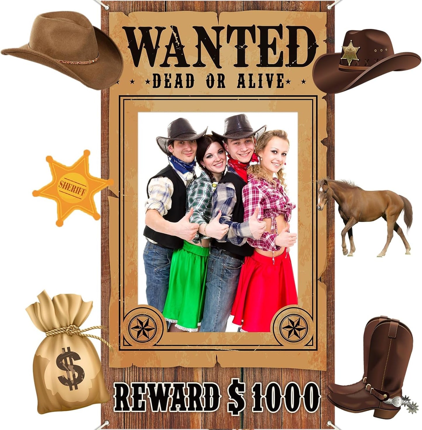 West Wanted Photo Booth Prop Selfie Frames Western Cowboy Party Decorations Rodeo Backdrop Photoshoot and Wanted Photo Booth for Wild Western Cowboy Cowgirl Rustic Party Supplies