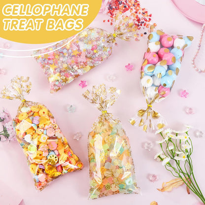 100 Pcs Star Printed 5"X 7" Gift Wrap Cello Cellophane Treat Bags Party Favor bags Clear Candy Cookie Bag Plastic Poly Goodie Storage Bag with Twist Ties for Bakery,Birthday, Wedding ,Party Decorations (Gold)