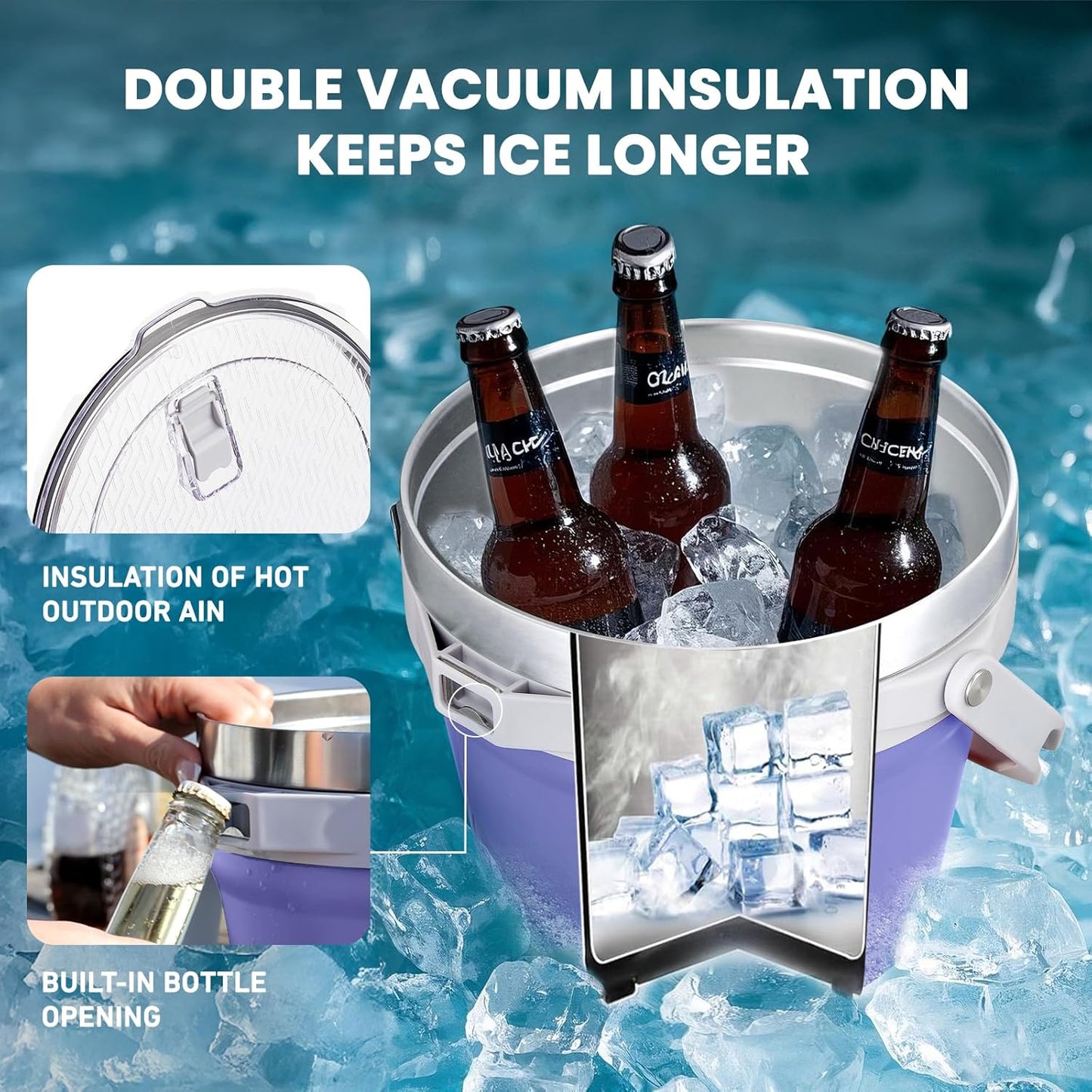 COKTIK 7L Insulated Ice Bucket with Lid，Double Wall Vacuum Stainless Steel Beverage Bucket Keeps Frozen Longer，Holds 6 Longnecks or 3 Bottles of Wine，for Cocktail, Champagne, Large Parties(Blue)