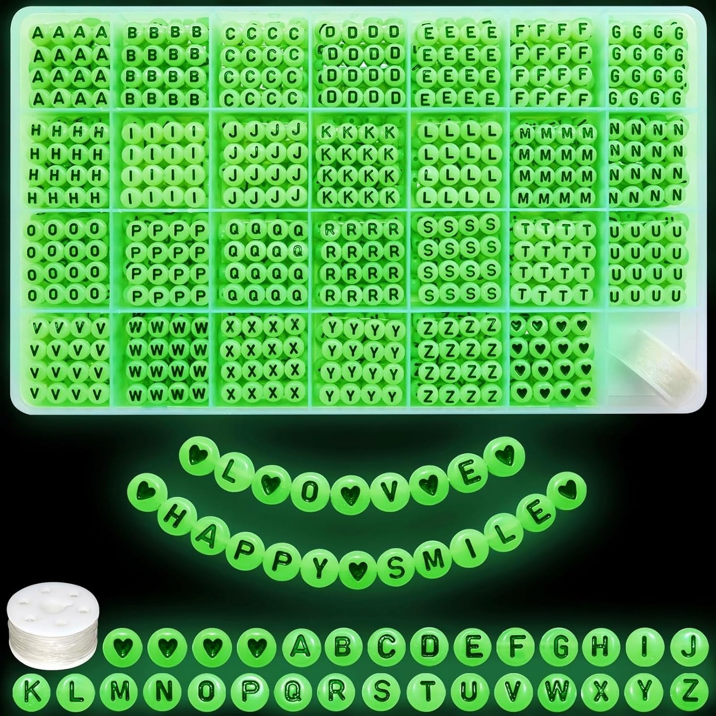 Amaney 1400pcs Glow Letter Beads, Heart Beads Whit Elastic Beading Cord,4x7mm Round Acrylic Alphabet Beads for Friend Bracelet Jewelry Making