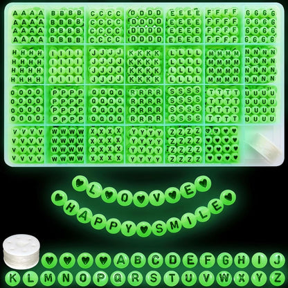 Amaney 1400pcs Glow Letter Beads, Heart Beads Whit Elastic Beading Cord,4x7mm Round Acrylic Alphabet Beads for Friend Bracelet Jewelry Making
