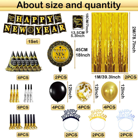 New Years Eve Party Supplies 2026, New Years Photo Booth Props 2026 Huge Selfie Picture Frame New Year Hats Party Squawkers Party Blower Happy New Year's Decorations Latex Balloons