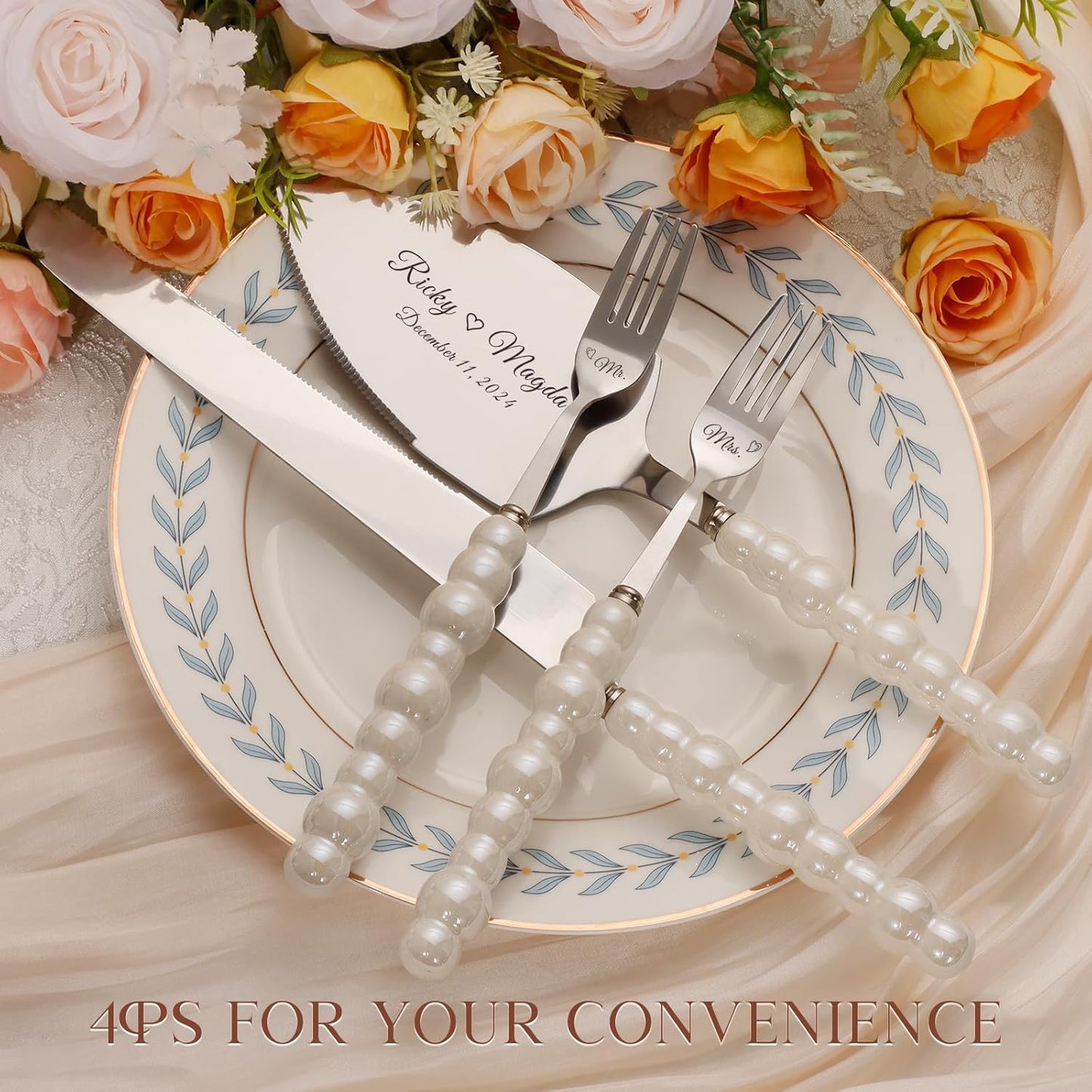 Pearl Wedding Cake Knife and Server Set with Forks, Cake Cutting Set with Stainless Steel Serrated Edges, Silver Pie Cutter Pizza Spatula, Gift for Bridal Couples Engagement (Mr & Mrs)
