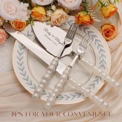 Pearl Wedding Cake Knife and Server Set with Forks, Cake Cutting Set with Stainless Steel Serrated Edges, Silver Pie Cutter Pizza Spatula, Gift for Bridal Couples Engagement (Mr & Mrs)