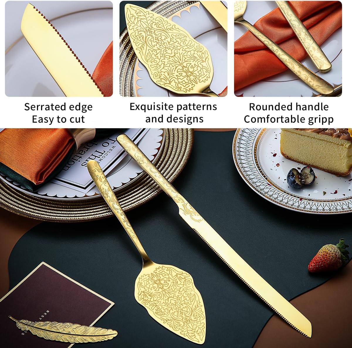 Berglander Gold Wedding Cake Knife and Server Set, Titanium Gold Plating With Unique Pattern Design Cake Cutter Serving Set Perfect For Wedding, Birthday, Parties and Events Dishwasher Safe