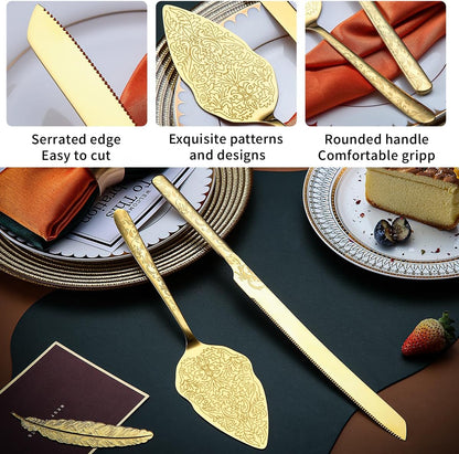 Berglander Gold Wedding Cake Knife and Server Set, Titanium Gold Plating With Unique Pattern Design Cake Cutter Serving Set Perfect For Wedding, Birthday, Parties and Events Dishwasher Safe