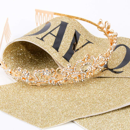 COCIDE Birthday Queen Sash & Rhinestone Tiara Set Gold Happy Birthday Crowns for Women Party Decoration Kit Rhinestone Headband for Women Glitter Crystal Hair Accessories for Cake Topper