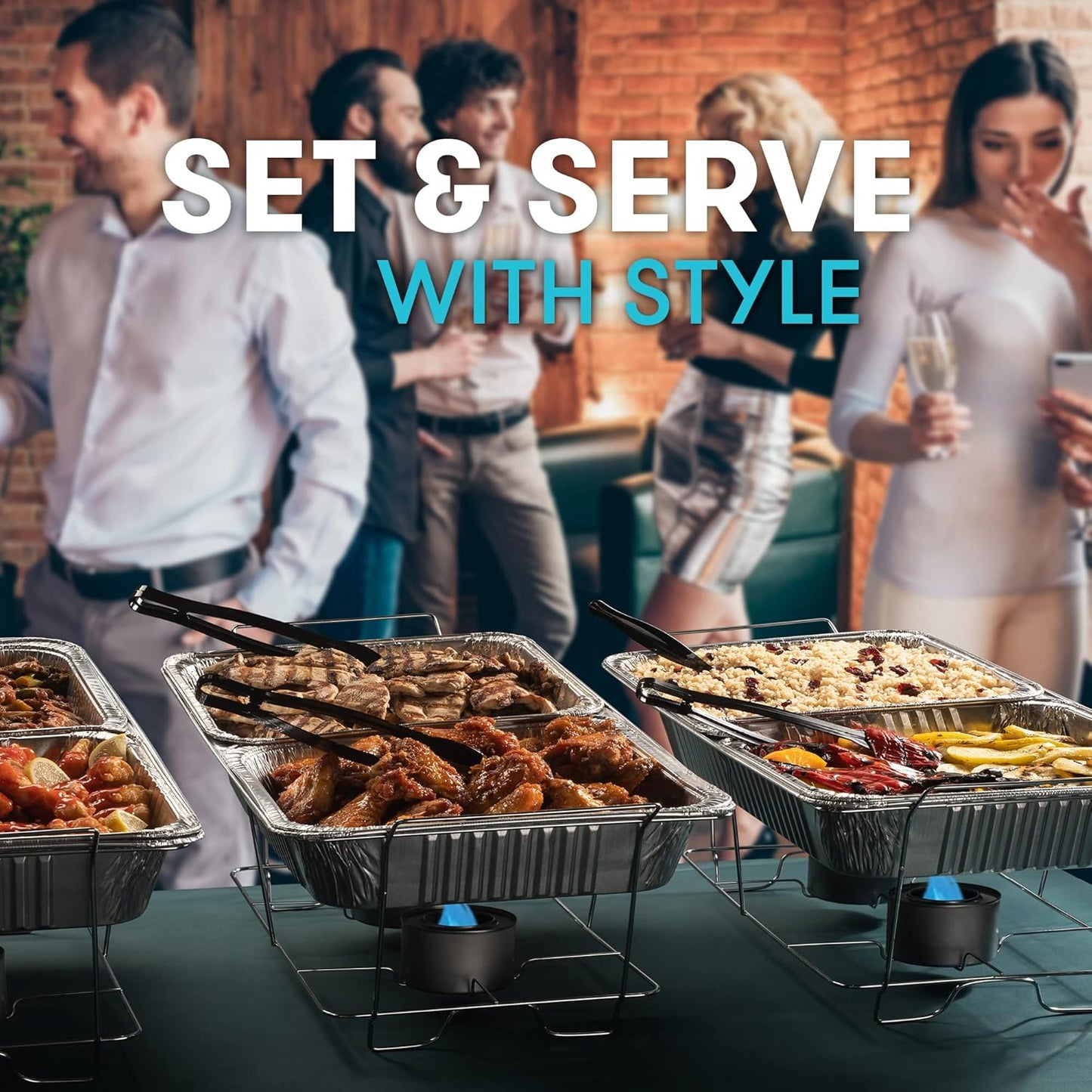 Disposable Chafing Dish Buffet Set Food Warming Trays - Buffet Set Trays Food Warmers for Parties & Events - Replacement Chafing Dishes for Catering (9 Serving Utensil Set)