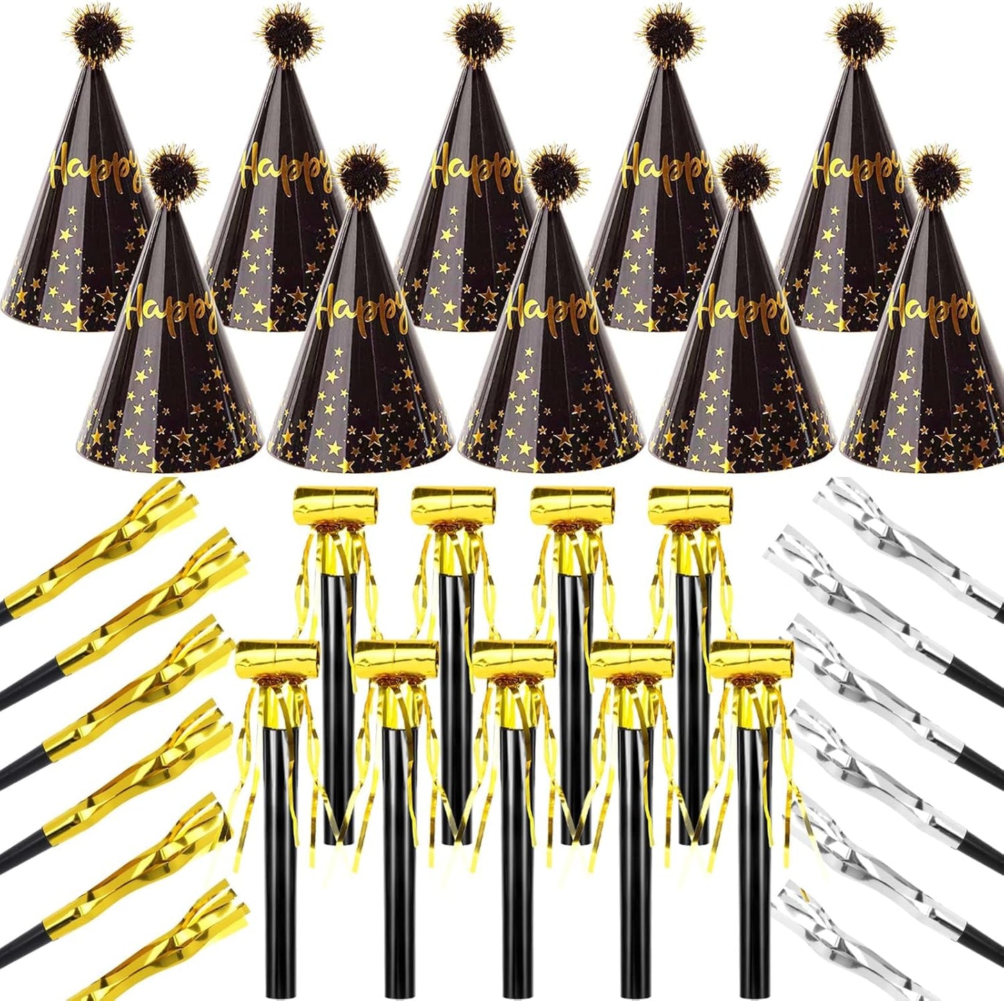 JOYEONDEF 30 Pcs Gold Birthday Party Hats Cone Hats Includes 8 Birthday Paper Hats and 22 Noise Makers