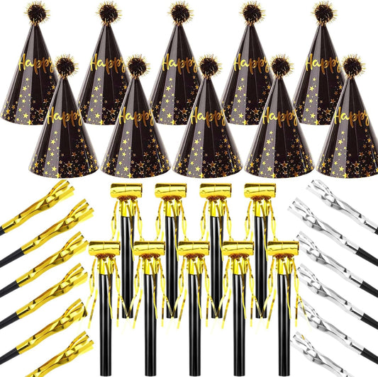 JOYEONDEF 30 Pcs Gold Birthday Party Hats Cone Hats Includes 8 Birthday Paper Hats and 22 Noise Makers