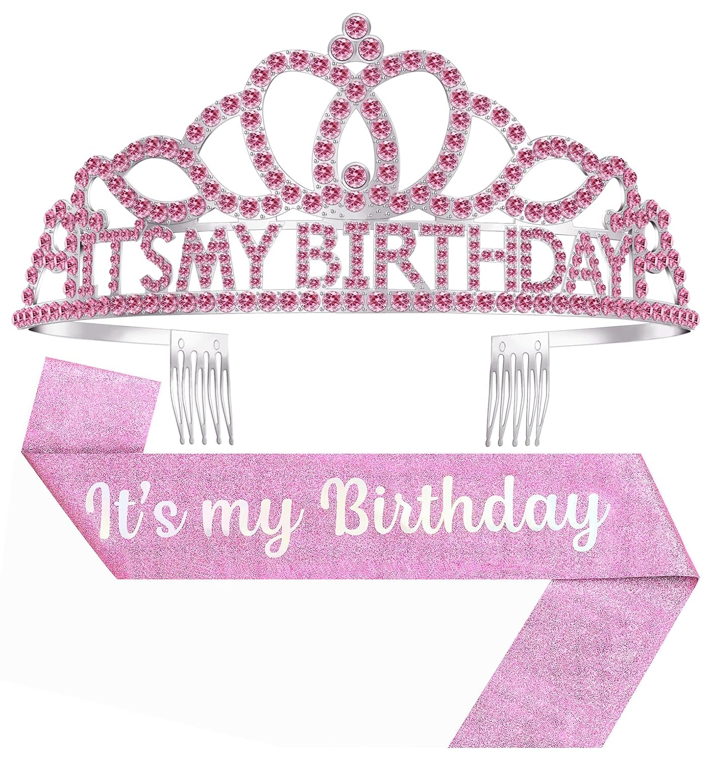 Birthday Tiara and Crown with Sash, Birthday Tiara for Women Party Silver
