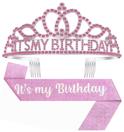 Birthday Tiara and Crown with Sash, Birthday Tiara for Women Party Silver