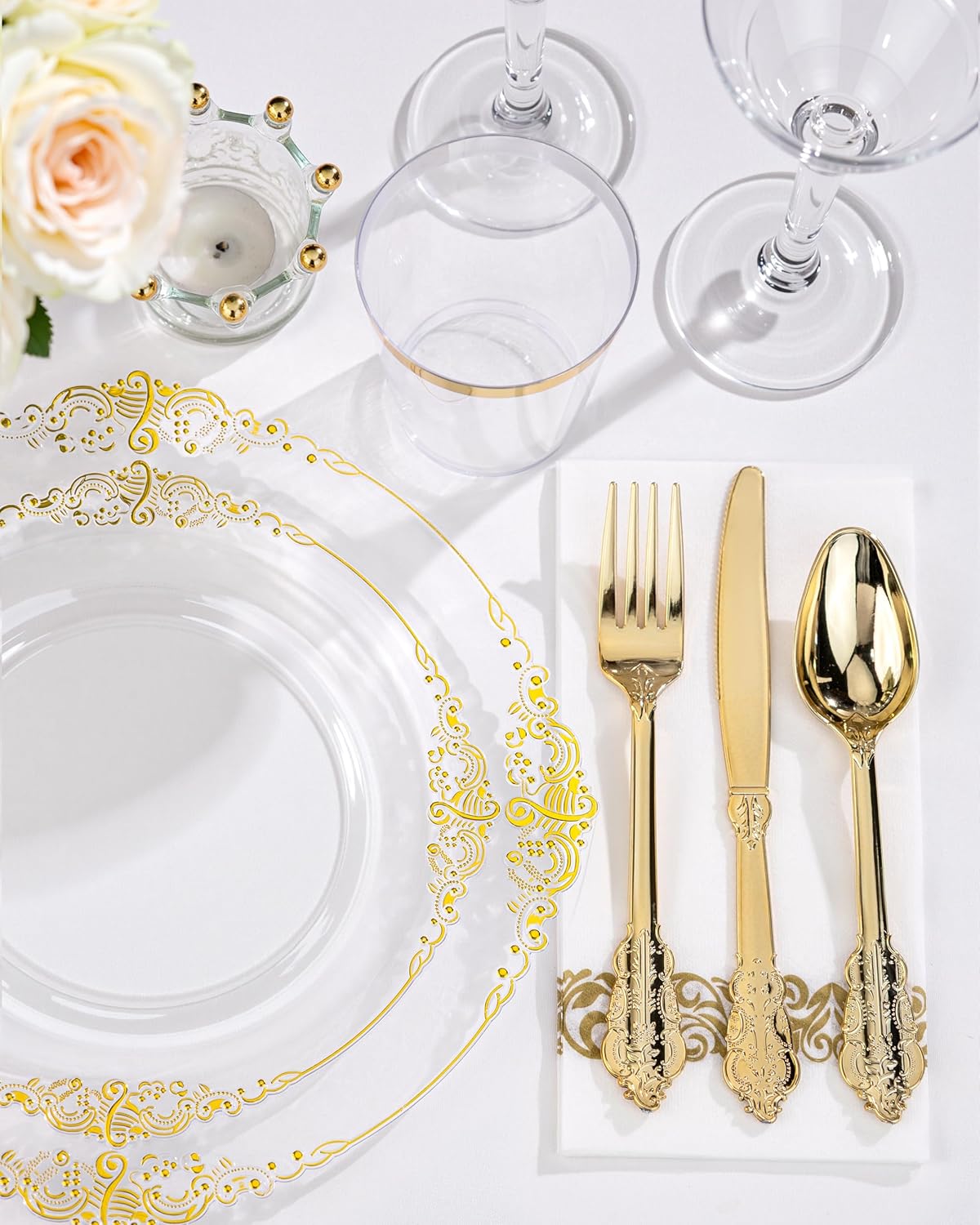 Nervure 350PCS Gold Plastic Plates - Gold Plastic Dinnerware Sets for 50 Guests - 100 Disposable Plates, 150 Silverware, 50 Cups, 50 Napkins for Wedding & Party & Mothers Day