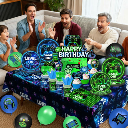 Video Game Birthday Decorations - Neon Level Up Game Tableware Includes Plates, Napkins, Cups, Forks, Tablecloths for Boy Gamer Birthday Party, Serves 24