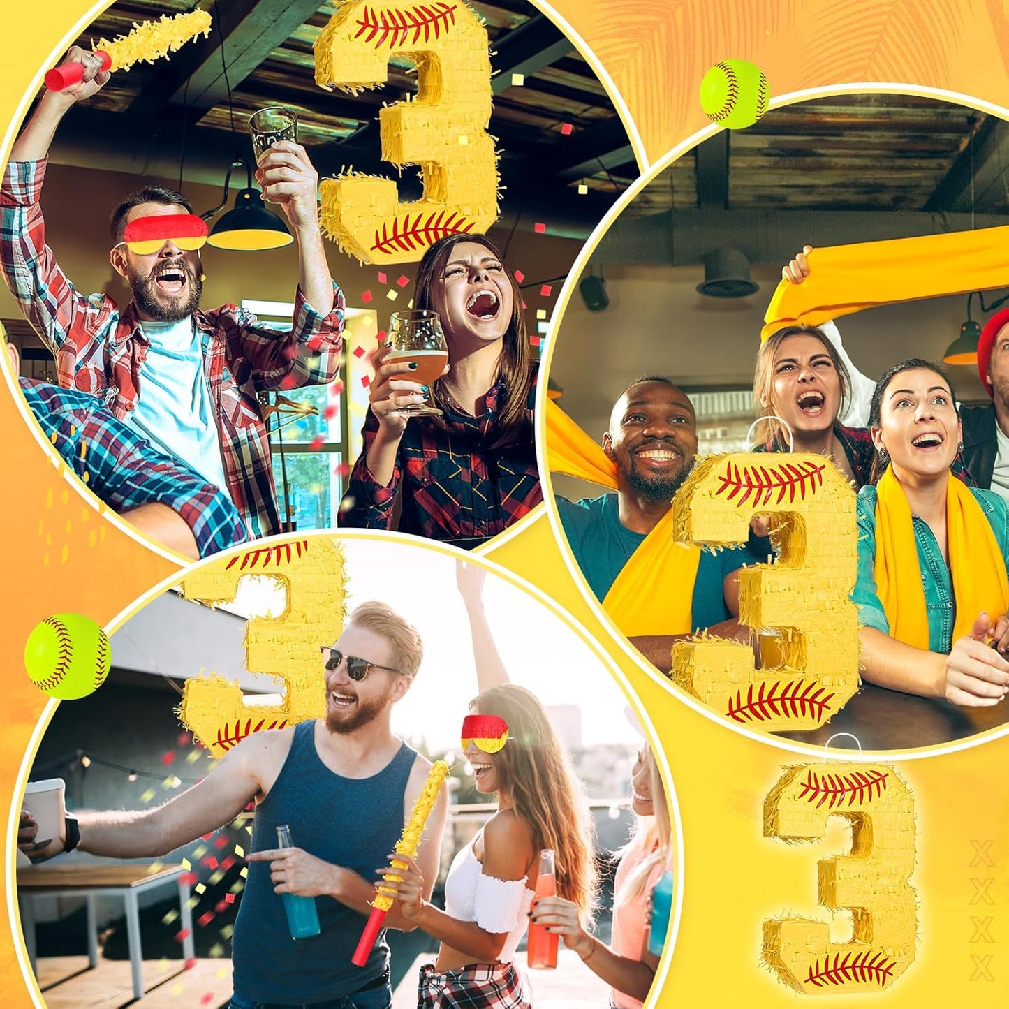 Soulchen Softball Number Piñata Set 16 Inch Yellow Softball Piñata with Blindfold Bat Confetti for Ball Sports Themed Birthday School Party Supplies Outdoor Game Decoration(Number 5)