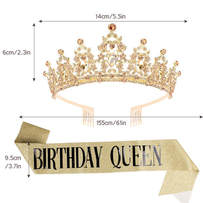 CAVETEE Red Black Birthday Crown and Sash for Women Sash & Rhinestone Tiara Set Red and Black Party Decorations Birthday Queen Crowns Tiaras for Women