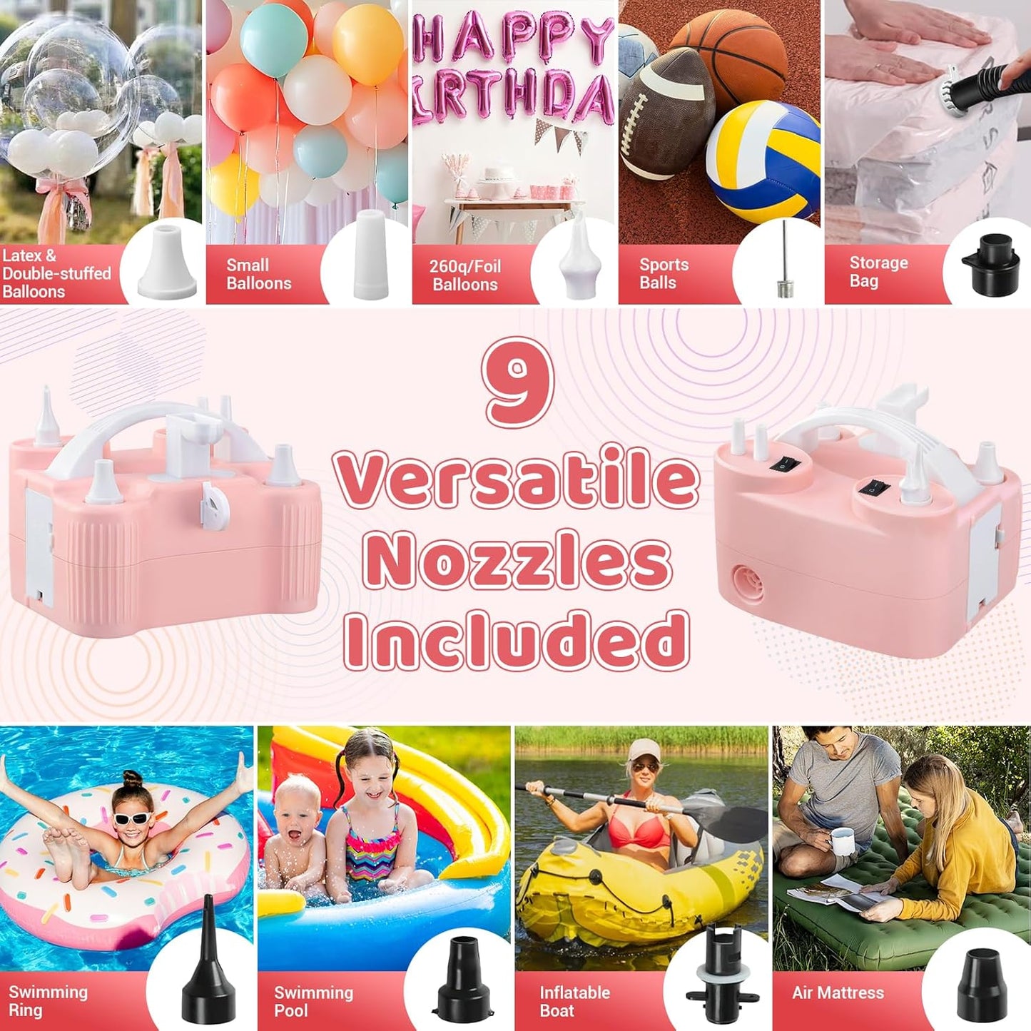 4-in-1 Electric Balloon Pump for All Balloons,Portable Dual Nozzle 600W Air Pump for Balloons,High Power Balloon Blower for Latex Foil 260q Mylar Balloon,Inflation Pool Float and Sports Balls