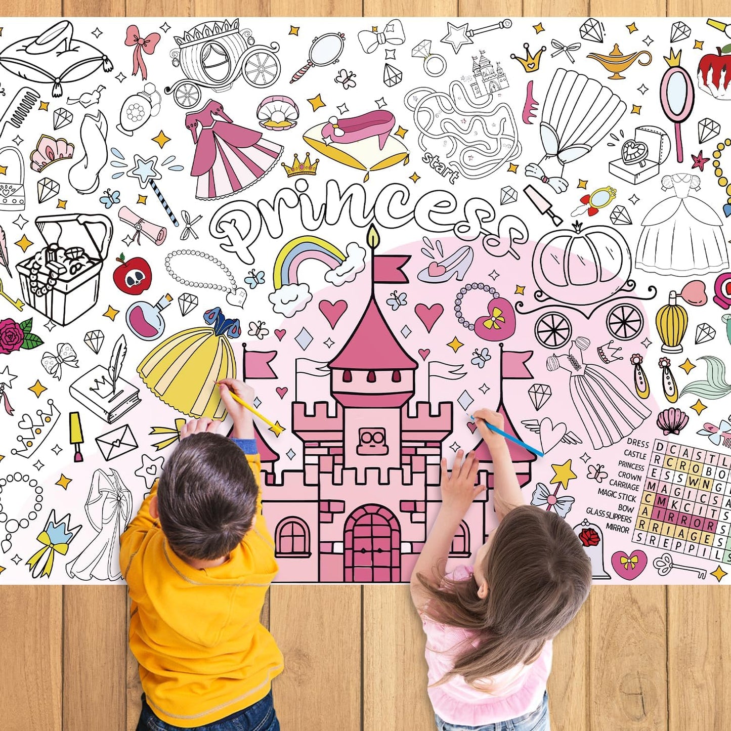 43.3x31.5 Summer Coloring Poster with Picture, Giant Cute Painting Poster, Large Coloring Tablecloth for Classroom Home Birthday Party Supplies Favor