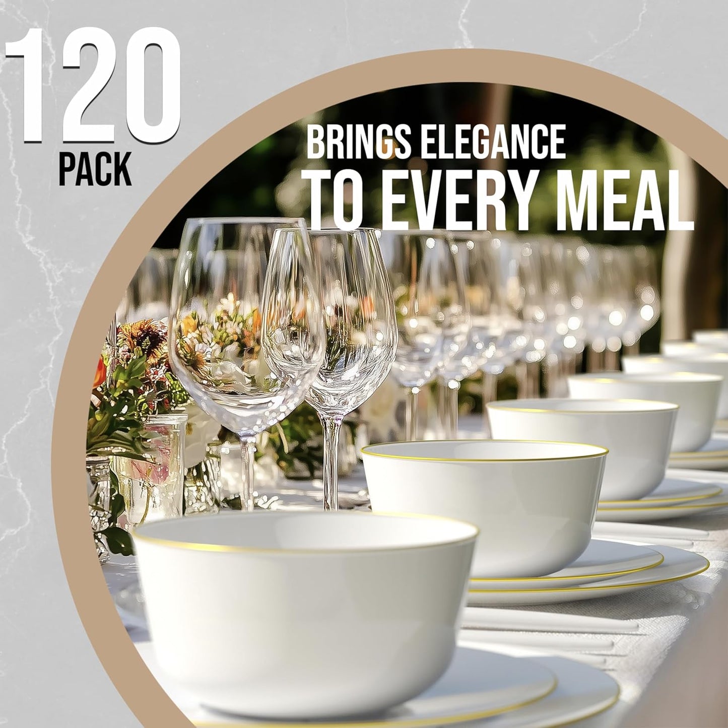 White Gold Rim Disposable Plastic Bowls - 16 Oz, 30 Count - Large, Heavy Duty - Perfect for Weddings & Parties