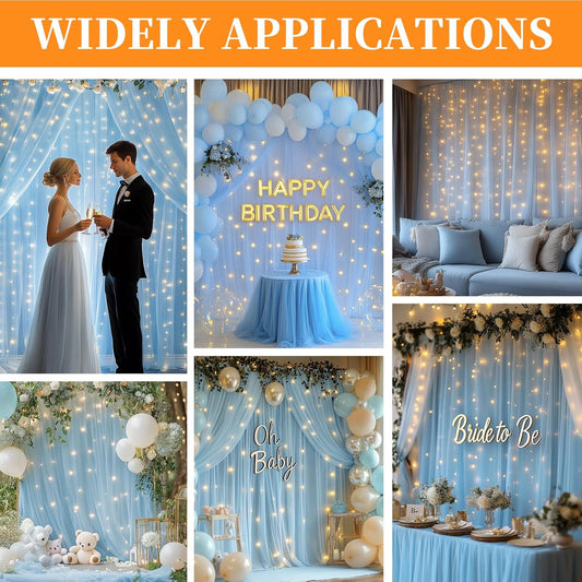 10x10ft White Tulle Backdrop Curtain with String Lights, Wrinkle-Free Sheer Wedding Backdrop for Birthday Parties, Baby Showers, Bridal Showers, Photo Shoots and Home Decorations, White