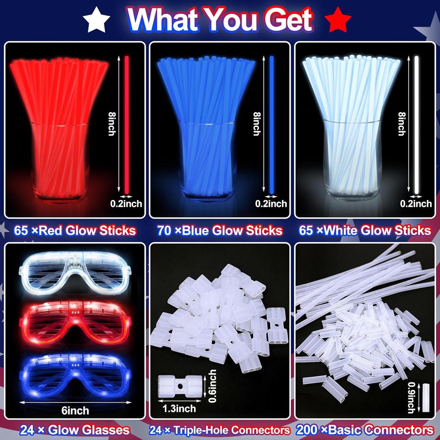 TURNMEON 248 Pcs 250th Anniversary 4th of July Light Up Party Favors, 24 Red White Blue Glasses 200 Patriotic Glow Sticks Bulk with Connectors Glow in the Dark Party Supplies Independence Day Decor