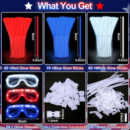TURNMEON 248 Pcs 250th Anniversary 4th of July Light Up Party Favors, 24 Red White Blue Glasses 200 Patriotic Glow Sticks Bulk with Connectors Glow in the Dark Party Supplies Independence Day Decor
