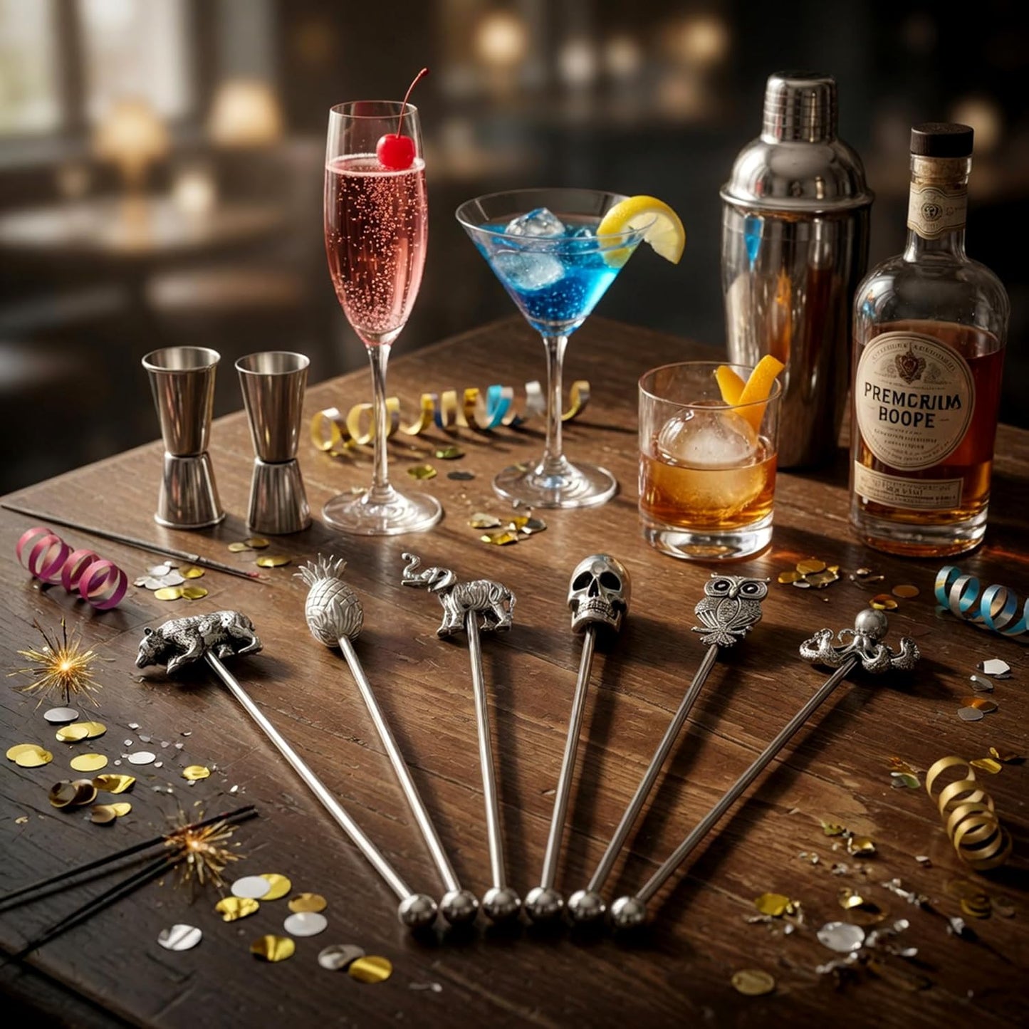 Homestia 7.5" Stainless Steel Cocktail Stirrers with Cute Animal Design, Set of 6 Reusable Swizzle Sticks for Coffee, Martini, Drinks - Dishwasher Safe Metal Bar Tools Stir Sticks