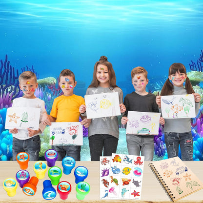 36PCS Ocean Party Favors - 24PCS Pre-Cut Temporary Tattoos & 12PCS Stamps - Ideal Sea Creature Under the Sea Themed Birthday Card Decoration Supplies Goodie Bag Kids Gifts Classroom Rewards Prizes