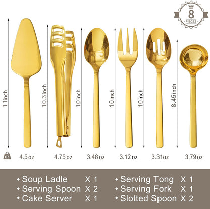 KINGSTONE Large Hostess Serving Utensils Set, 18/10 Stainless Steel Heavy Duty 10-inch Serving Utensils, Slotted Spoons, Forks, Tongs, Cake Pie Server for Buffet, Wedding, Party