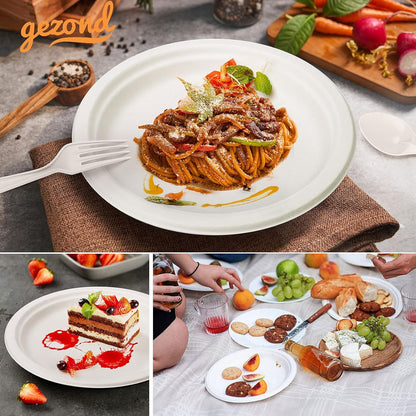 Gezond 250Pcs Disposable Paper Plates Set, Compostable Plate Sugarcane Utensils Eco Friendly Dinnerware Kit Includes 50 Biodegradable Plates, Forks, Knives and Spoons for Brithday Party Camping