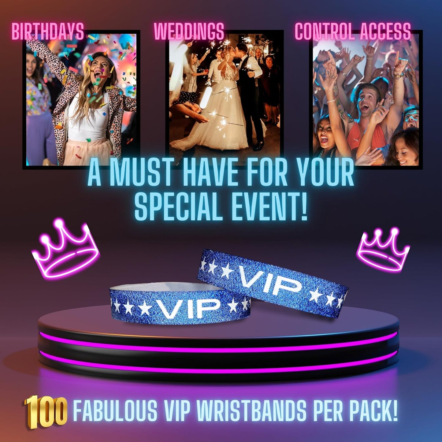 100 Pack Glitter Gold VIP Party Wristbands with Secure Locking Clip. Must Have Adjustable Sparkle VIP Wrist Bands for Events, Parties, Weddings and Festivals