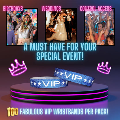 100 Pack Glitter Gold VIP Party Wristbands with Secure Locking Clip. Must Have Adjustable Sparkle VIP Wrist Bands for Events, Parties, Weddings and Festivals