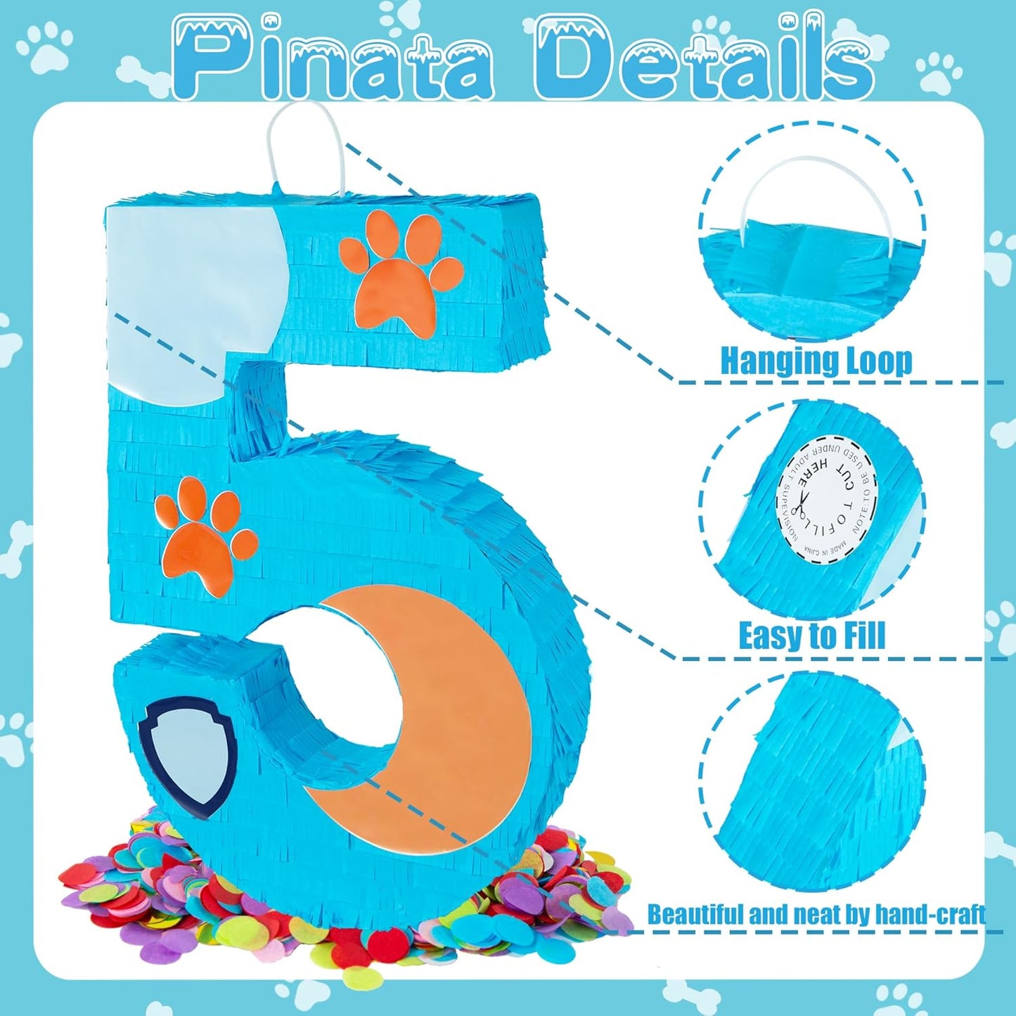 PCFING 20 Inch Dog Paw Number 1 Piñata with 30 Inch Piñata Stick Blindfold Confetti for Boy Girl Adults Birthday Party Decorations, Anniversary Celebration, Fiesta