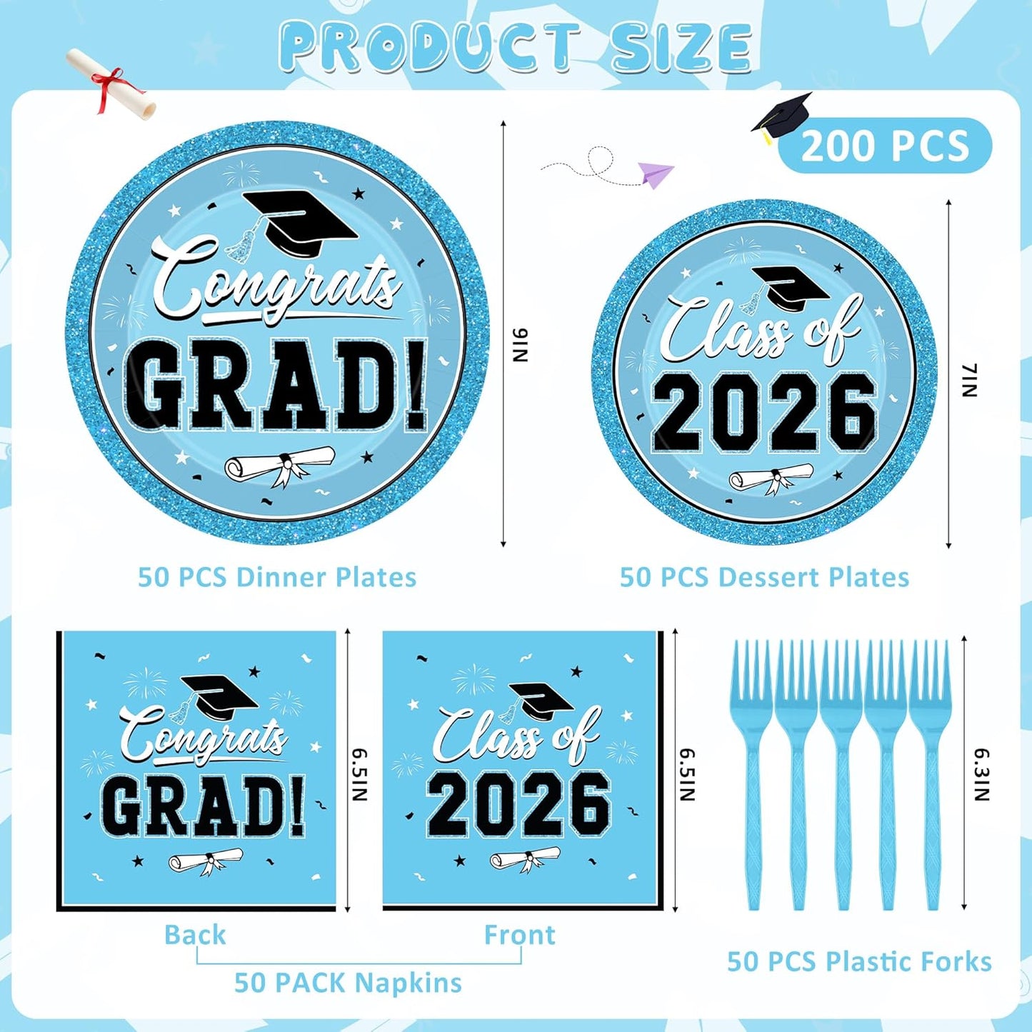 200Pcs Graduation Decorations 2026, Blue Graduation Plates and Napkins Party Supplies for 50 Guests, Disposable Grad Plates, Napkins, Dessert Plates and Forks for Grad Decor Wedding Birthday Supplies