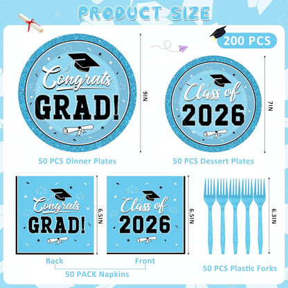 200Pcs Graduation Decorations 2026, Blue Graduation Plates and Napkins Party Supplies for 50 Guests, Disposable Grad Plates, Napkins, Dessert Plates and Forks for Grad Decor Wedding Birthday Supplies