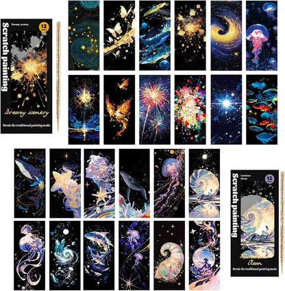 Scratch Art Bookmarks Kit, 24 Sheet Paper with Scratching Tools for DIY Party Favors, Christmas Stocking Stuffers