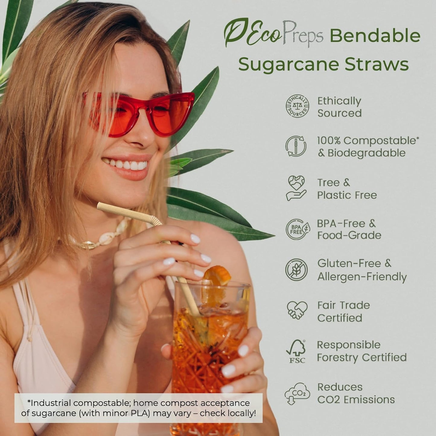 EcoPreps Biodegradable Sugarcane Straws | 150 Count, 100% Compostable, Plastic-Free, & Eco-Friendly Drinking Straw | 7.8'' Sugar Fiber Disposable Straws, Smoothie Straw for Home, Restaurant, Parties
