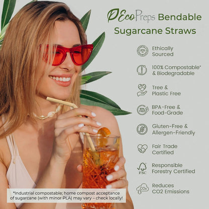 EcoPreps Biodegradable Sugarcane Straws | 150 Count, 100% Compostable, Plastic-Free, & Eco-Friendly Drinking Straw | 7.8'' Sugar Fiber Disposable Straws, Smoothie Straw for Home, Restaurant, Parties
