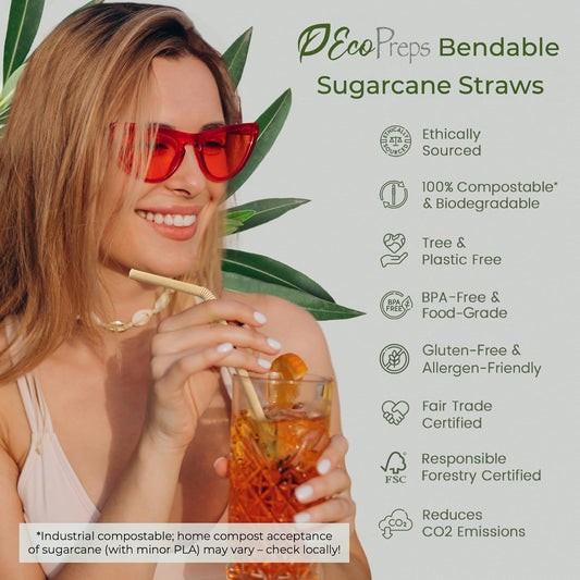 EcoPreps Biodegradable Sugarcane Straws | 150 Count, 100% Compostable, Plastic-Free, & Eco-Friendly Drinking Straw | 7.8'' Sugar Fiber Disposable Straws, Smoothie Straw for Home, Restaurant, Parties