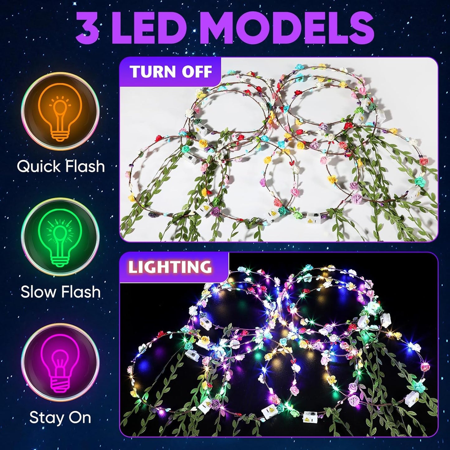 50 PCS LED Flower Crowns Headbands with Ribbons, Light Up Flower Headband for Women, Glow in the Dark Party Supplies for Wedding Birthday Party