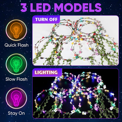 50 PCS LED Flower Crowns Headbands with Ribbons, Light Up Flower Headband for Women, Glow in the Dark Party Supplies for Wedding Birthday Party
