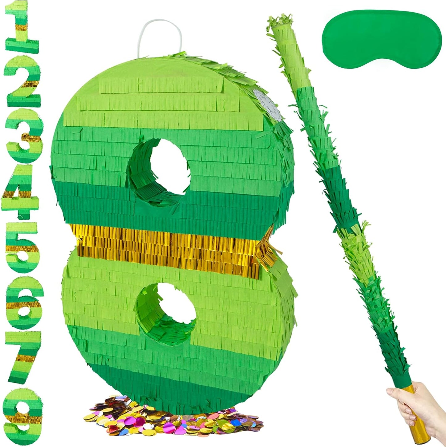 PCFING 20 Inch Number 1 Piñata Green Gold with 30 Inch Piñata Stick Blindfold Confetti for Boy Girl Adults Birthday Party Decorations, Anniversary Celebration, Fiesta