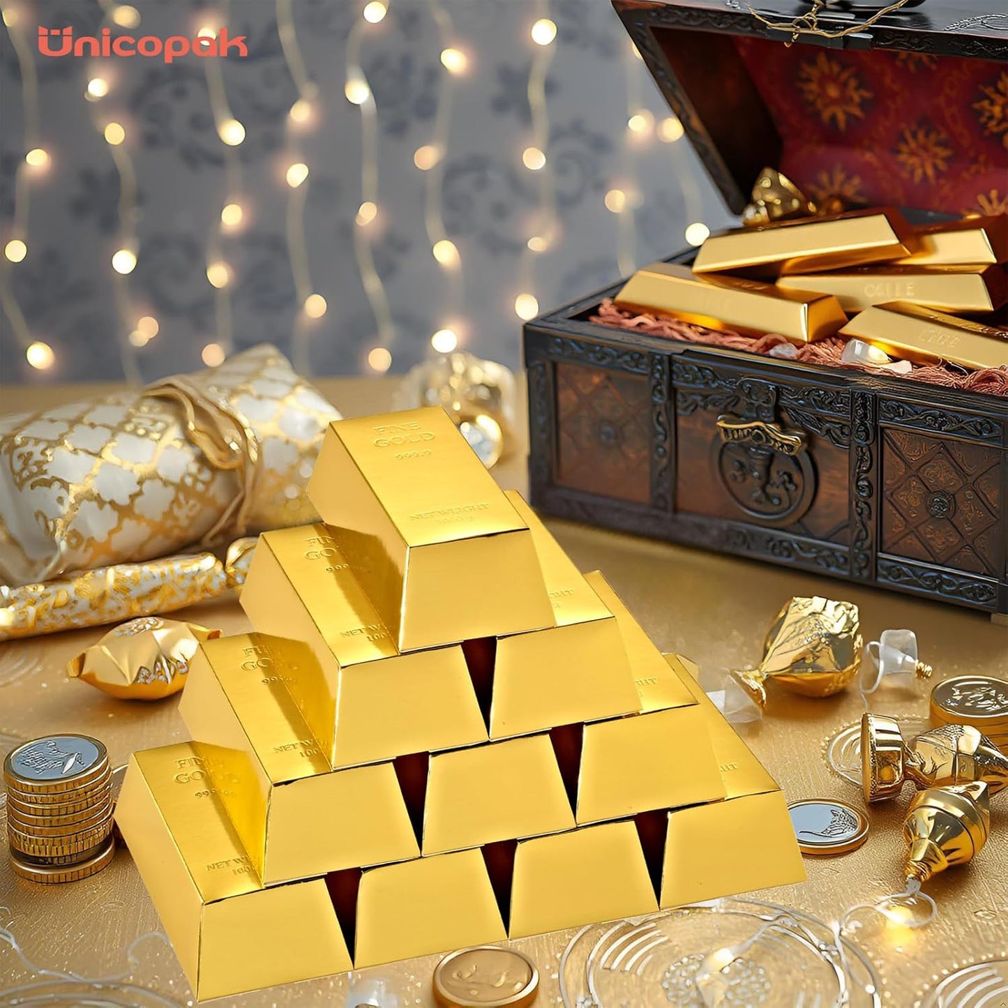 UnicoPak 30 Pack Gold Bar Party Favor Boxes, Simulated Foil Gold Treat Boxes Candy Boxes Decorated Boxes, with FINE GOLD 999.9 Embossed Pattern, 6.5x3 Inch Gift Boxes for Candy, Halloween, Christmas