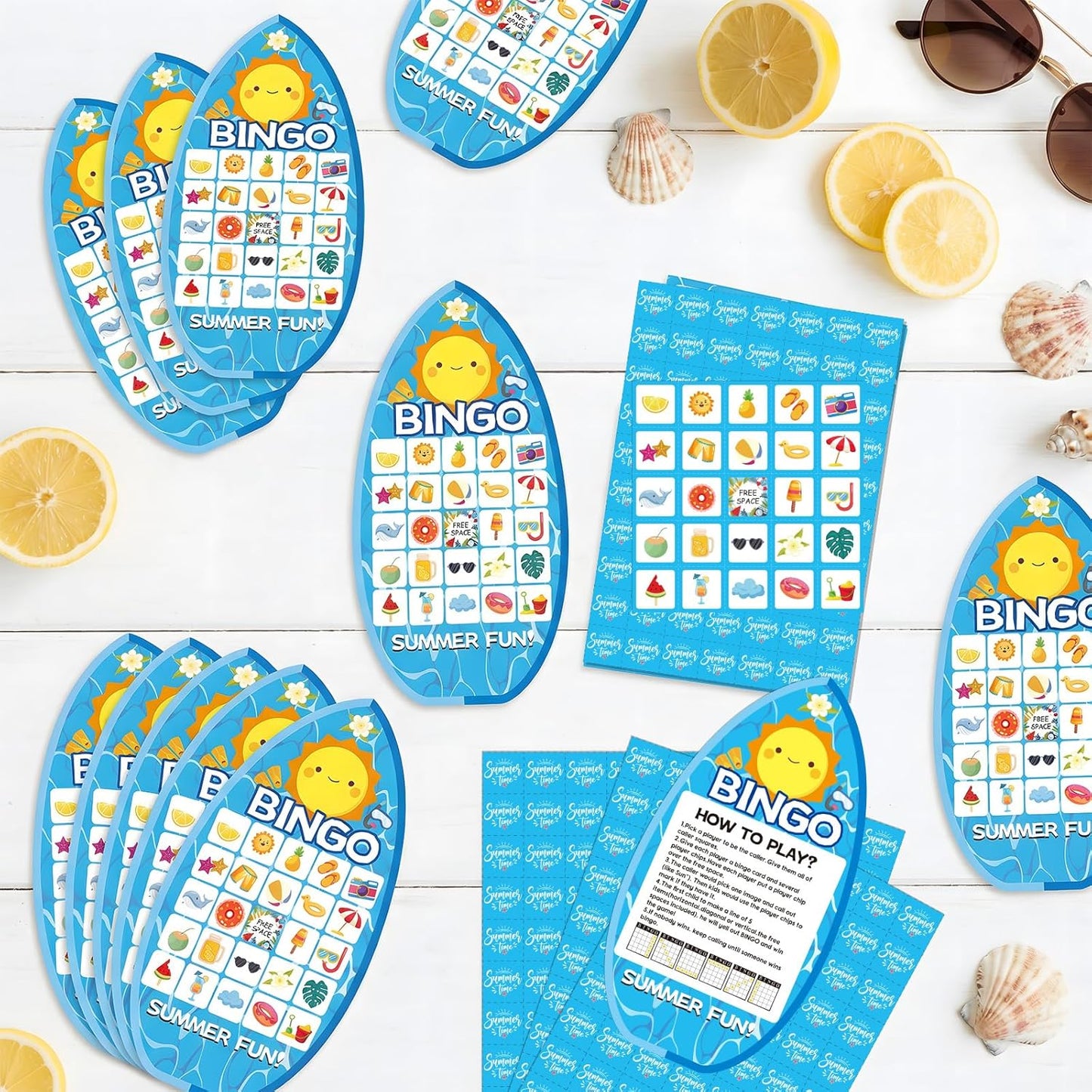 YQUQWN 24Pcs Summer Bingo Game, Pool Party Bingo Game for Adults 24 Players Surfboard Design Bingo Cards for Hawaiian Beach Favors School Party Games Kids School Classroom Party Supplies Activity
