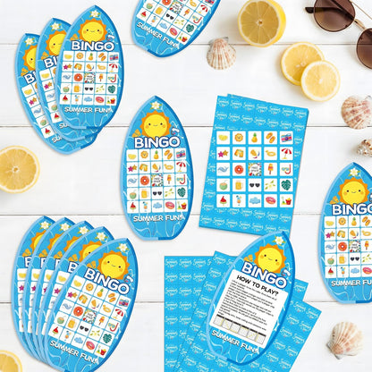 YQUQWN 24Pcs Summer Bingo Game, Pool Party Bingo Game for Adults 24 Players Surfboard Design Bingo Cards for Hawaiian Beach Favors School Party Games Kids School Classroom Party Supplies Activity
