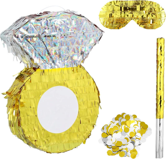 Skylety 16" Diamond Ring Piñata Kit - 4 Pieces with Blindfold and Stick and Confetti Shiny Ring Piñata for Engagement Interactive Bridal Shower Games Bachelorette Party Decoration Accessories