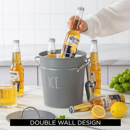 Rae Dunn Ice Bucket with Scoop - Stainless Steel Bucket with Handle, Lid and Ice Scooper - 4 Qt. Storage Bin for Ice Cubes for Bars, Parties, Backyard Barbeques, Picnics, and Camping (Sage)