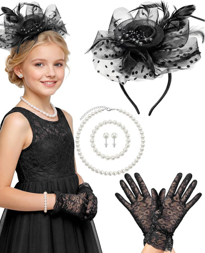 Girls Tea Party Fascinators Hats for Kids Fascinator Tea Party Hat Headband with Gloves Accessories for Girls