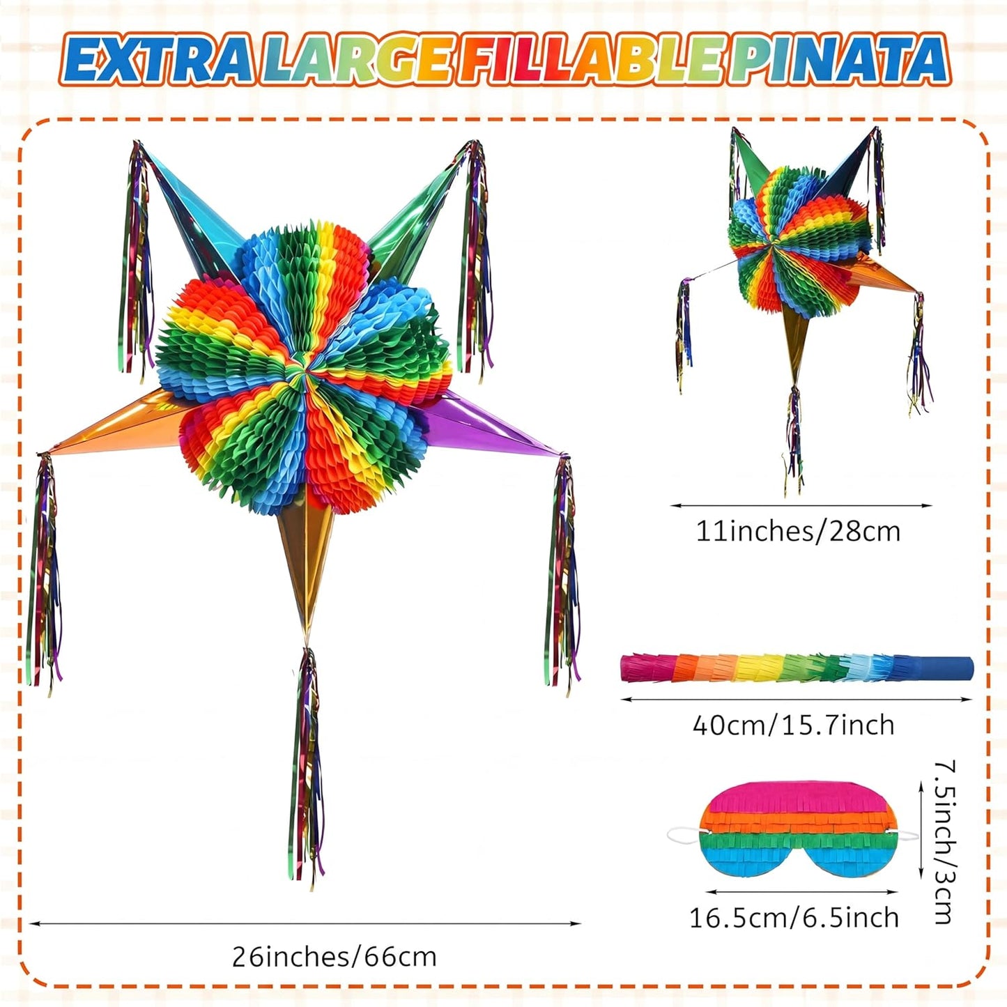32 Inch Large Star Piñata Set with Stick Blindfold Confetti Foldable Mexican Fiesta Piñata Rainbow Honeycomb Decorations for Cinco De Mayo Birthday Party Carnival Taco Tuesday